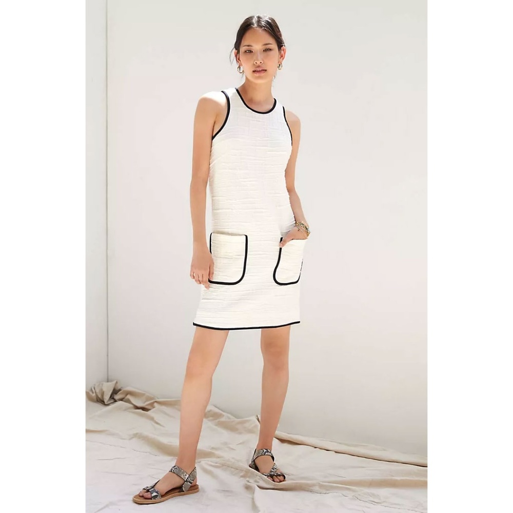 Anthropologie Sleeveless Cream Shift Dress with Black Trim
